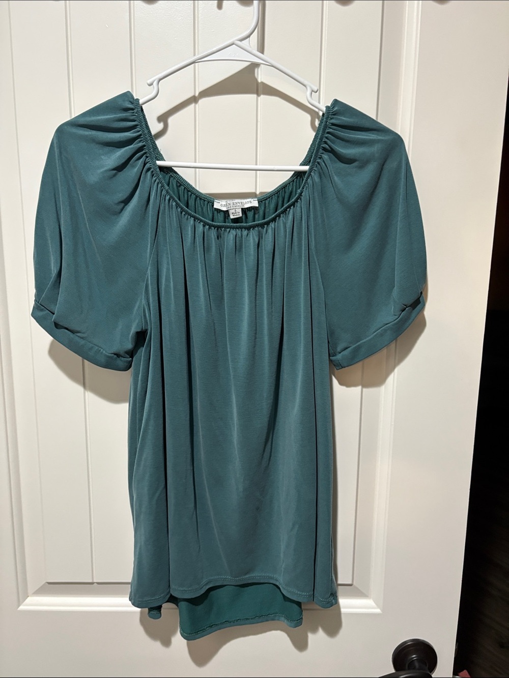 Green Envelope Teal Green Peasant Sleeve Scoop Neck Blouse